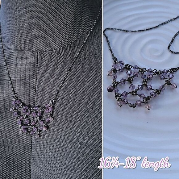 Purple beaded silver tone chain lattice necklace - Picture 1 of 6